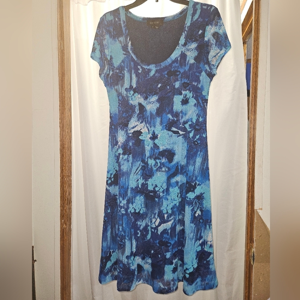 Karen Kane Blue Abstract Floral Midi Dress Scoop Neck!